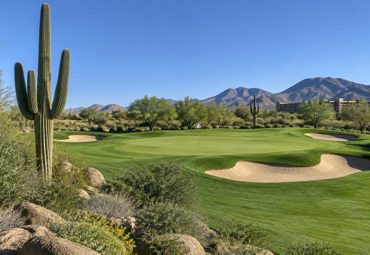 Championship green framed by saguaro cactus