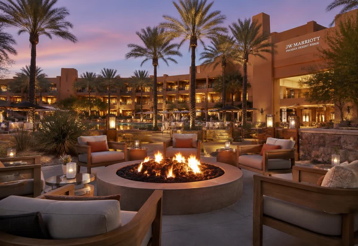 Fire pit lounge at dusk