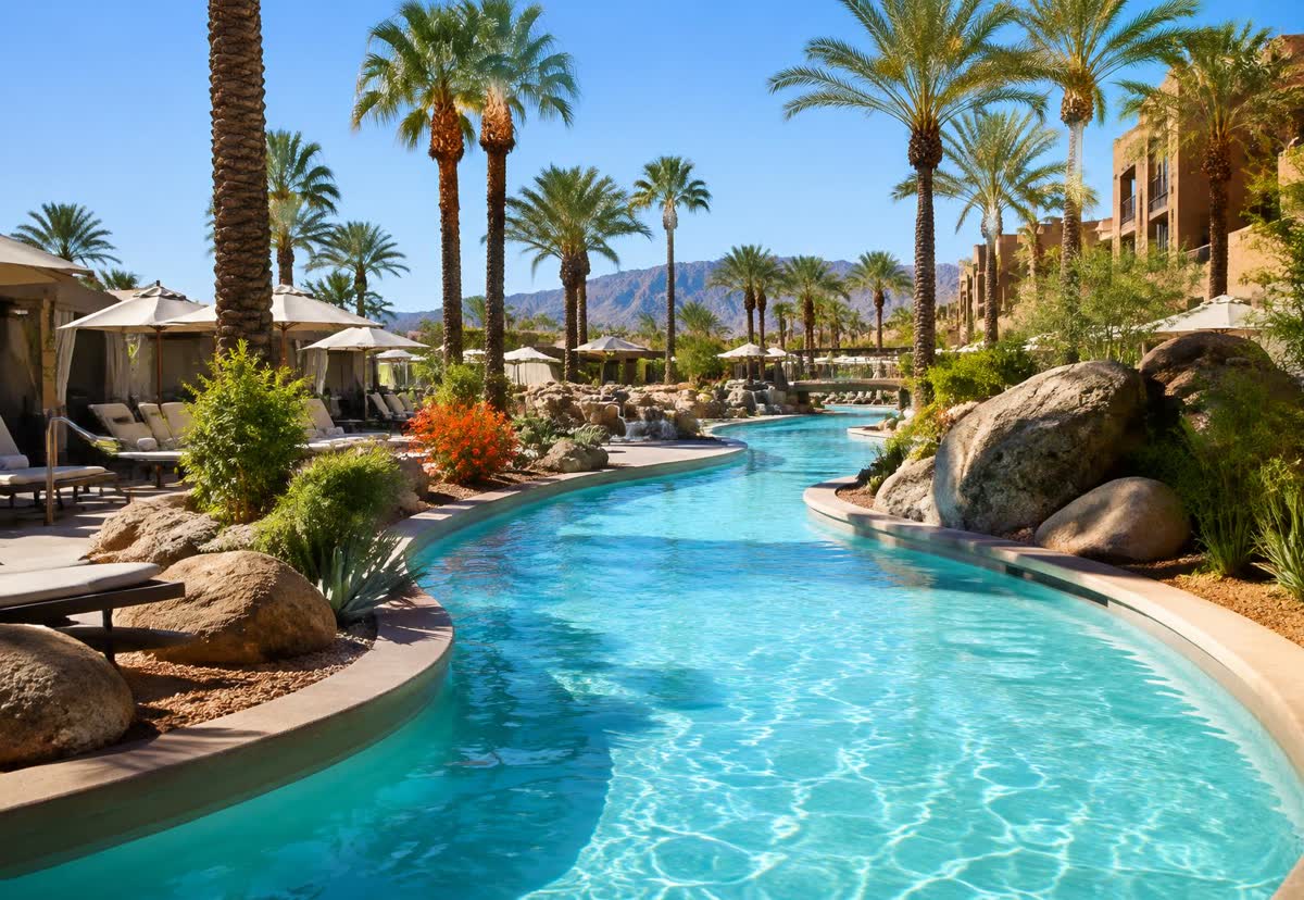 Lazy river pool lined with palms at the JW Marriott Desert Ridge